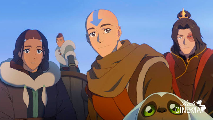 Aang junto a Katara, Sokka y Zuko en Avatar Aang: El último maestro del aire