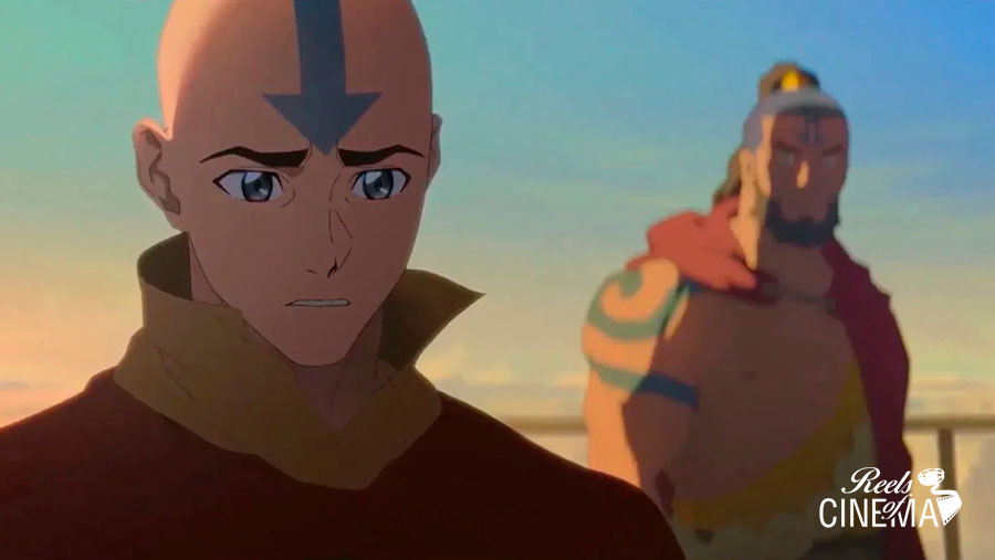Aang en primer plano junto a Tagah en Avatar Aang: El último maestro del aire